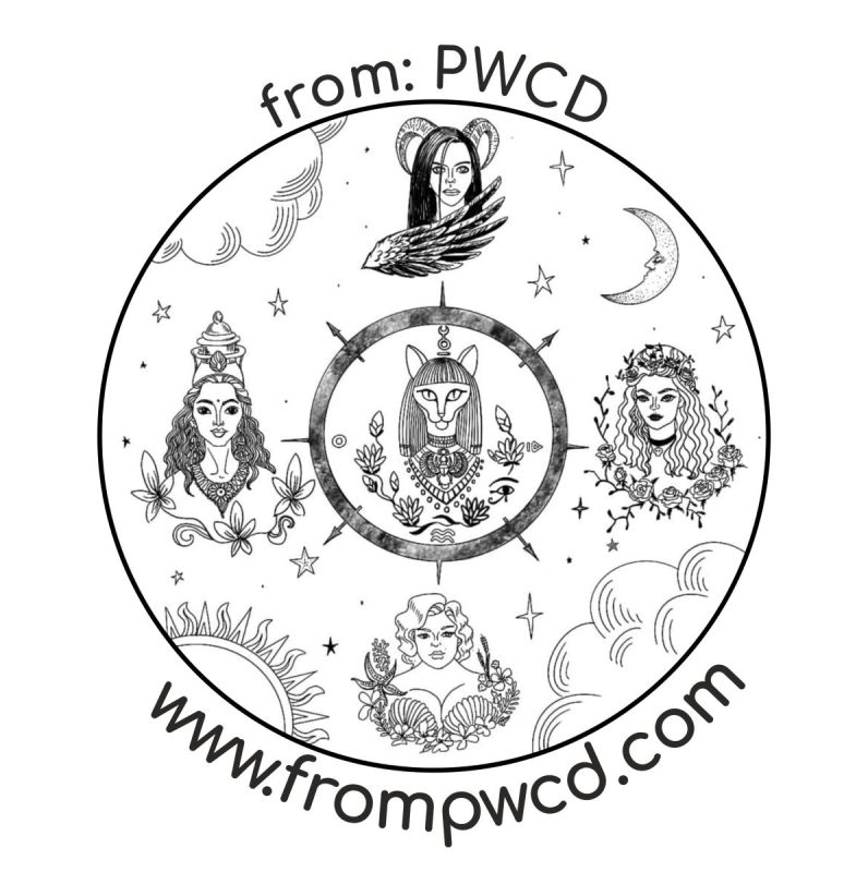 Black and white illustration of five goddesses Lilith, Persephone, Aphrodite, Saraswati, Bastet inside of a Wheel of Fortune. from: PWCD -
